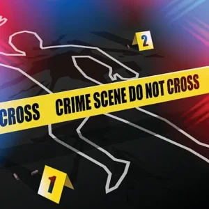 A police line drawing of a body with crime scene tape around it.