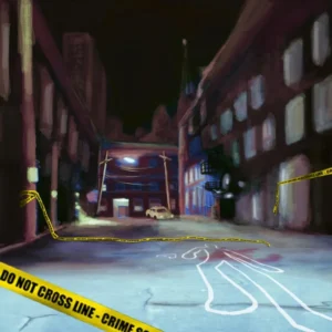 A street with police tape and buildings in the background.