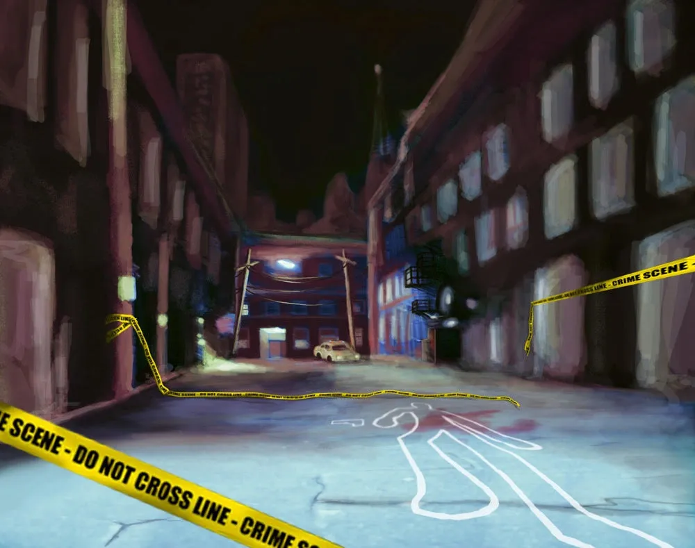 A street with police tape and buildings in the background.